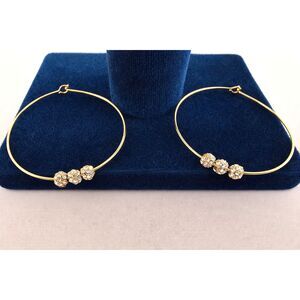 Gold Tone Hoop Earrings Rhinestone Accent Beads 1.5 inch Light Weight Glamour